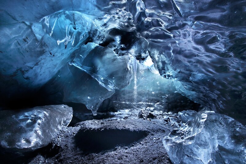 Ice Cave Interior — Blue, Dramatic, Photograph, Rock, Light