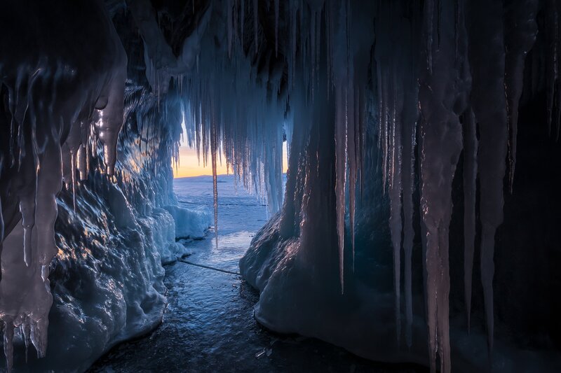 Ice Cave Interior — Blue, Dramatic, Sunset, Photograph, Icicles