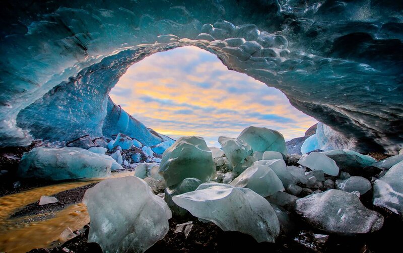 Ice Cave Interior — Blue, Dramatic, Sunset, Photograph, Sky