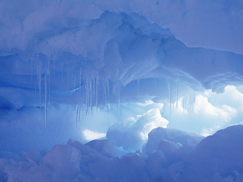 Ice Cave Interior — Blue, Serene, Photograph, Icicles, Snow, Light