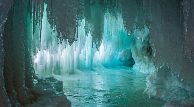 Ice Cave Interior — Blue, Serene, Photograph, Icicles, Water