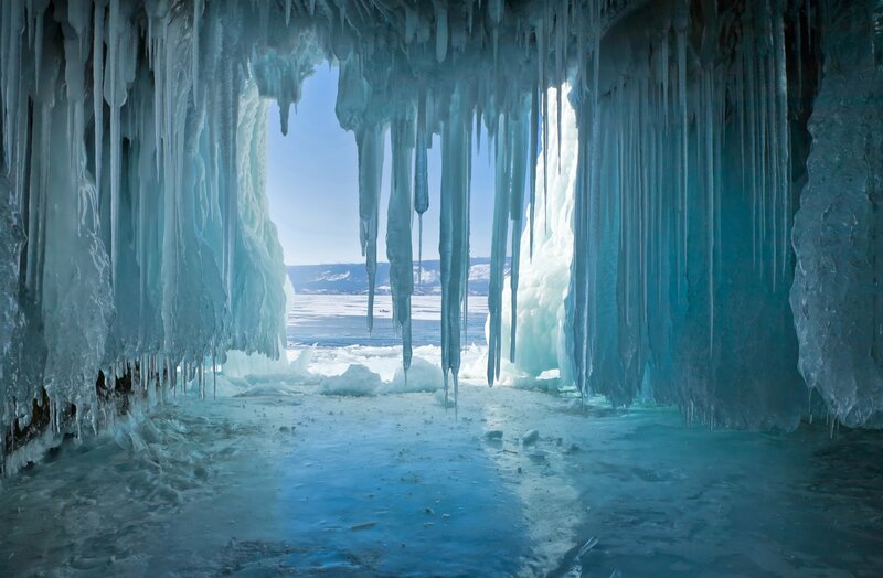 Ice Cave Interior — Blue, Serene, Winter, Photograph, Icicles