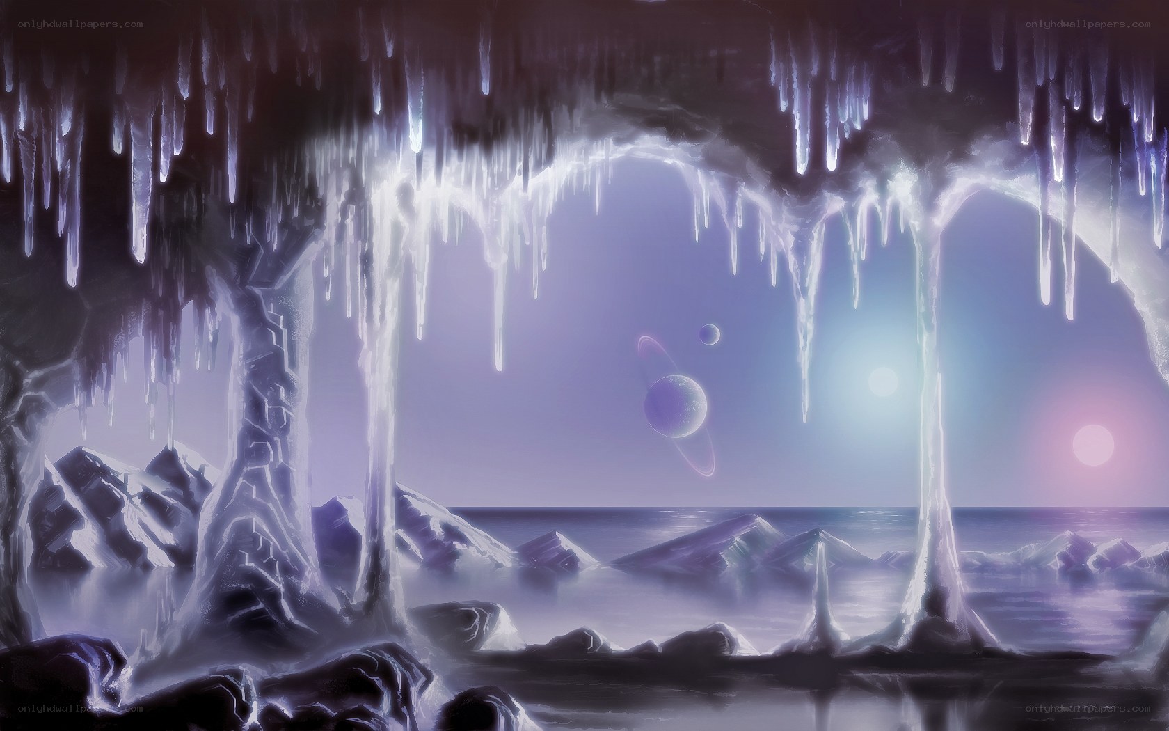ice cave with alien planets