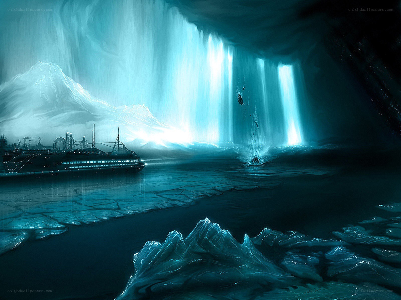Ice cave with futuristic ship
