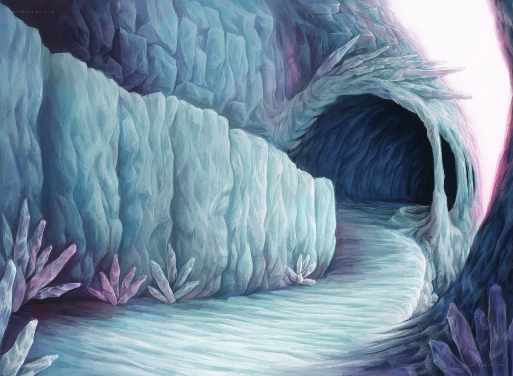 ice cave with glowing crystals
