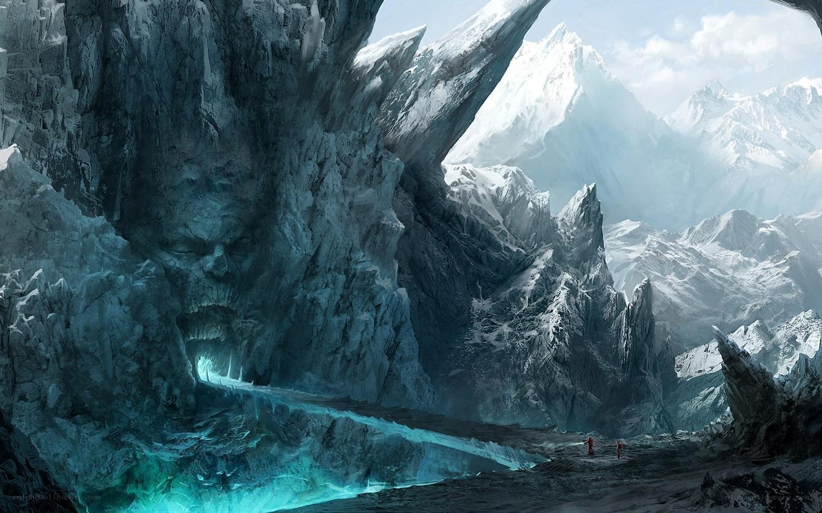 ice cave with glowing river