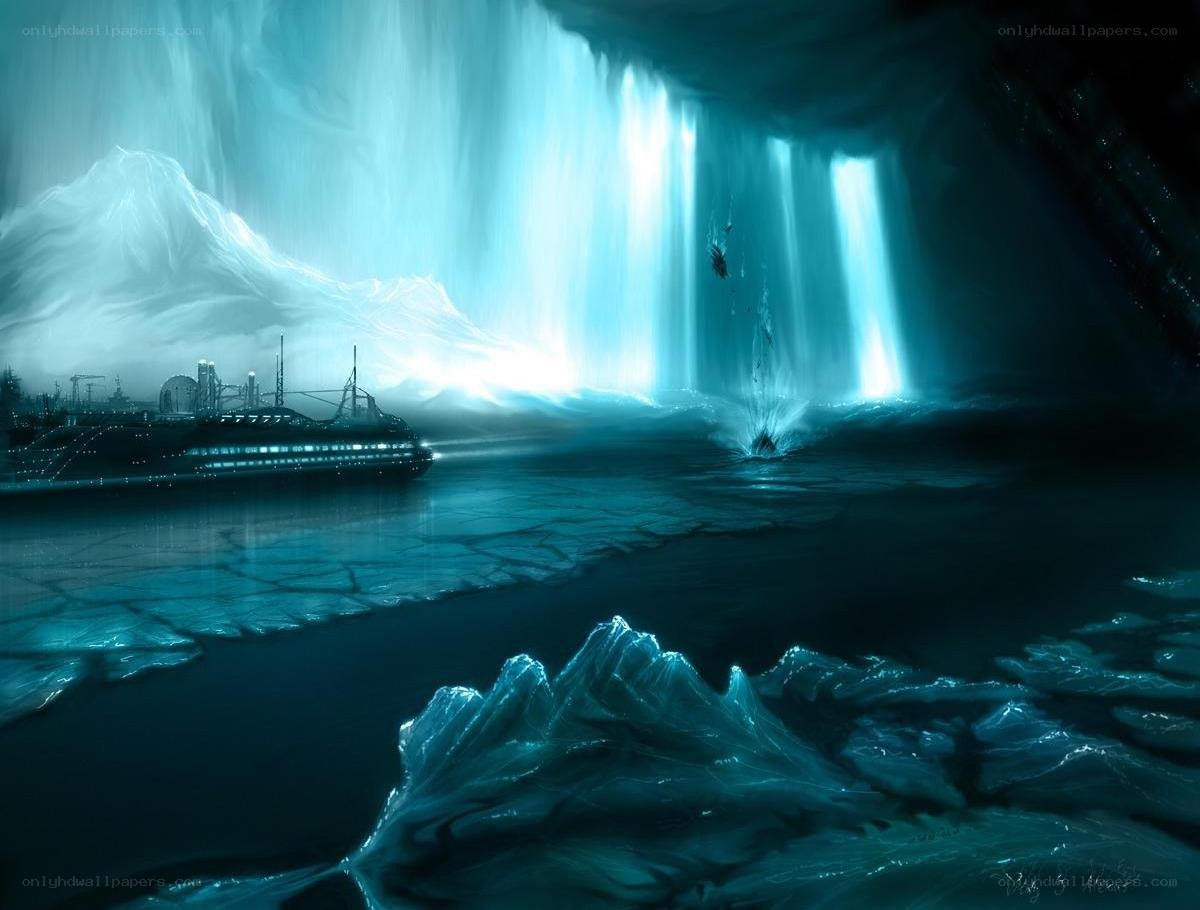 Ice cave with glowing waterfall