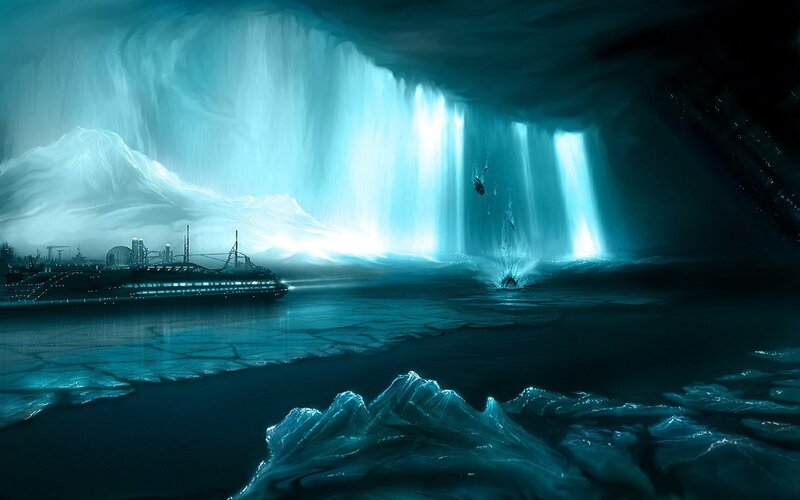 Ice cave with glowing waterfall