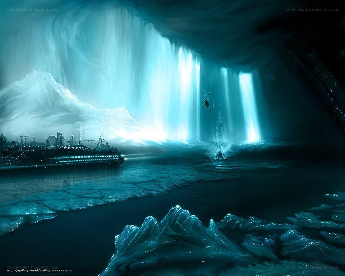 Ice cave with glowing waterfall