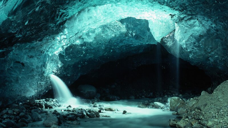 Ice Cave with Waterfall — Blue, Dramatic, Photograph