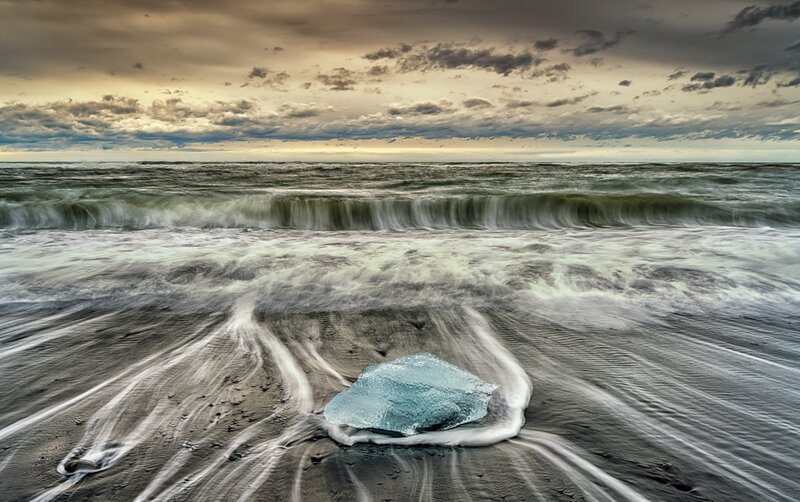 Ice Chunk on Beach — Blue, Dramatic, Sunset