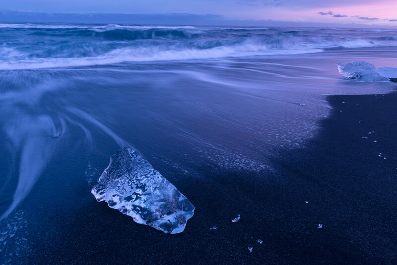 Ice Chunk on Black Sand — Blue, Serene