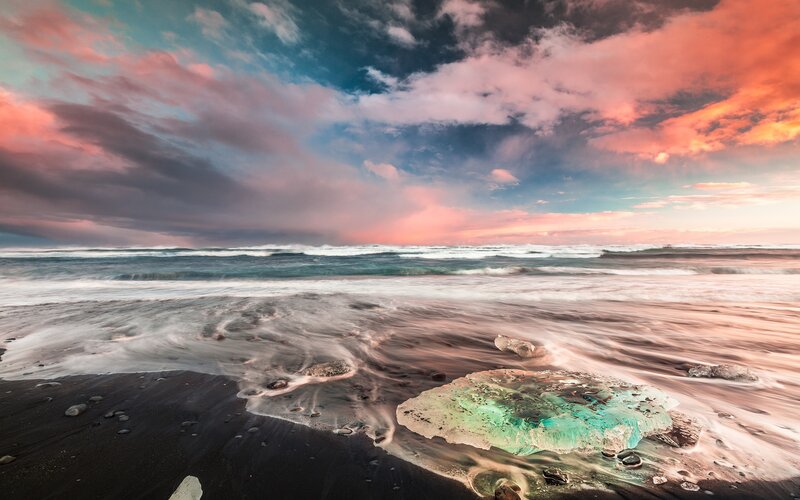 Ice Chunk on Black Sand — Pink