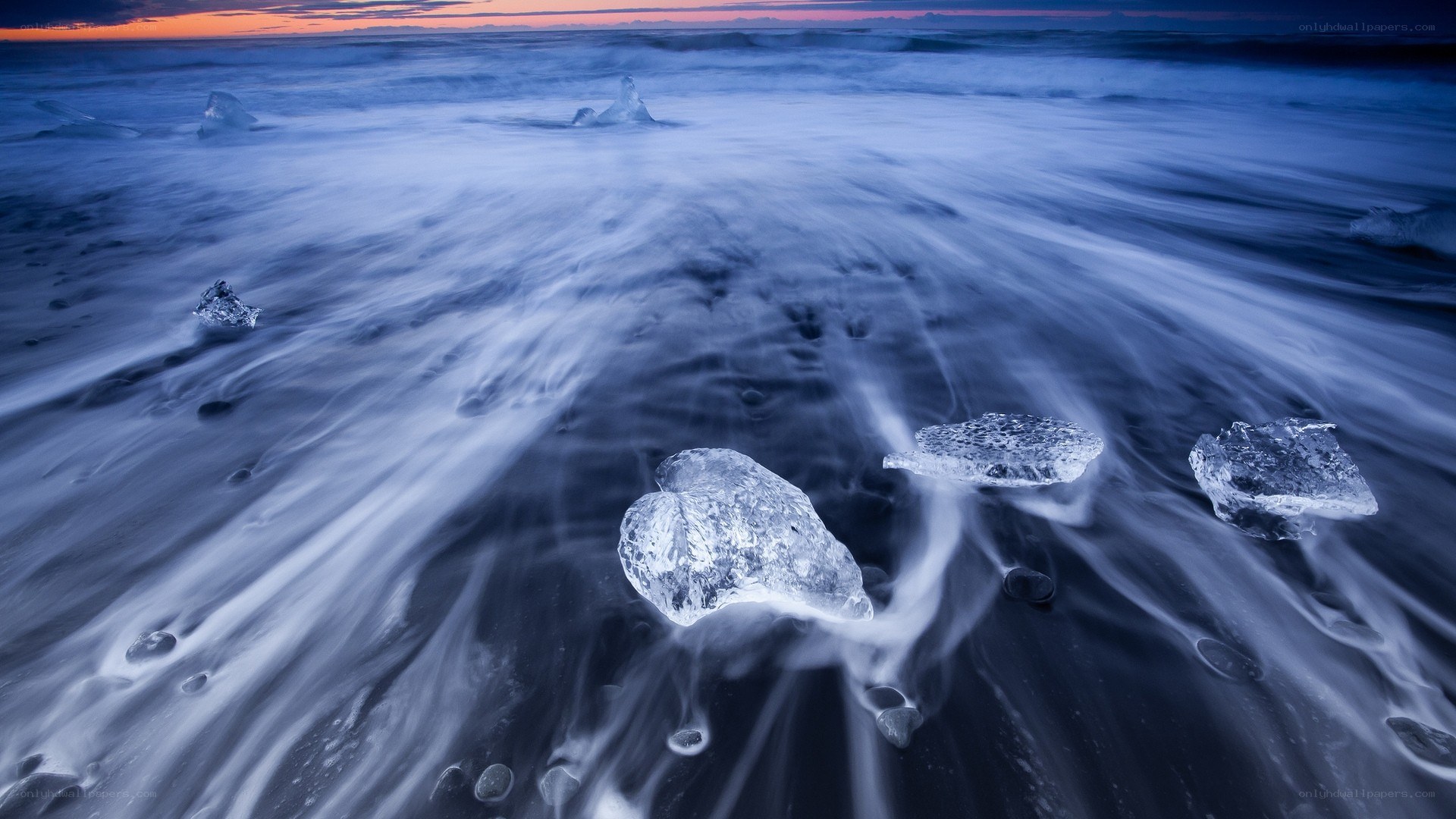 Ice chunks on a black sand beach