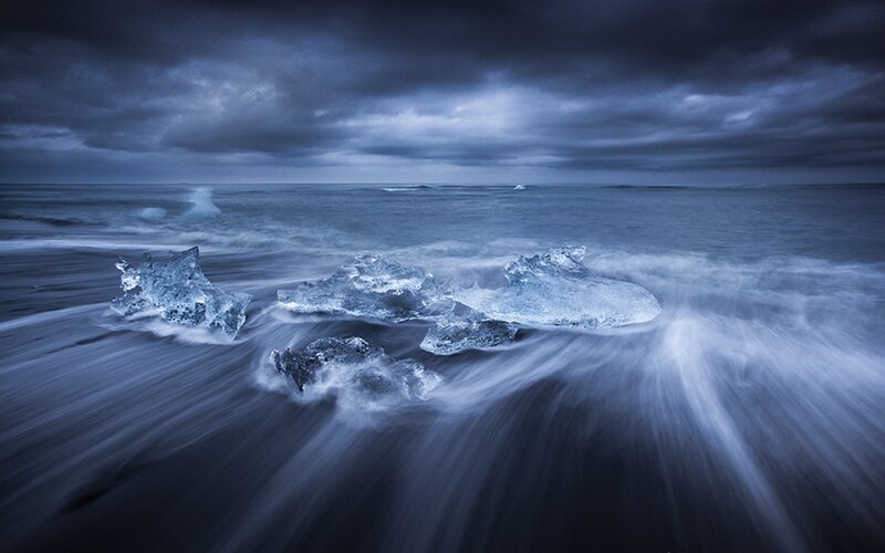 Ice Chunks on Beach — Blue, Dramatic, Night, Photograph