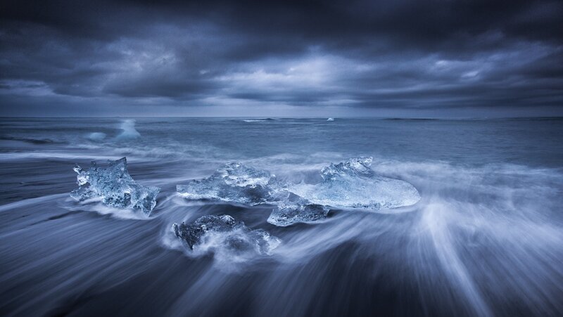 Ice Chunks on Beach — Blue, Dramatic, Night