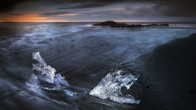 Ice Chunks on Beach — Blue, Dramatic, Sunset, Photograph, Ocean, Sky, Rocks