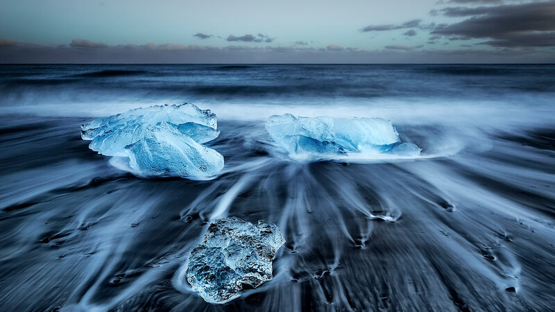 Ice Chunks on Beach — Blue, Dramatic, Sunset, Photograph, Ocean, Sky, Sand