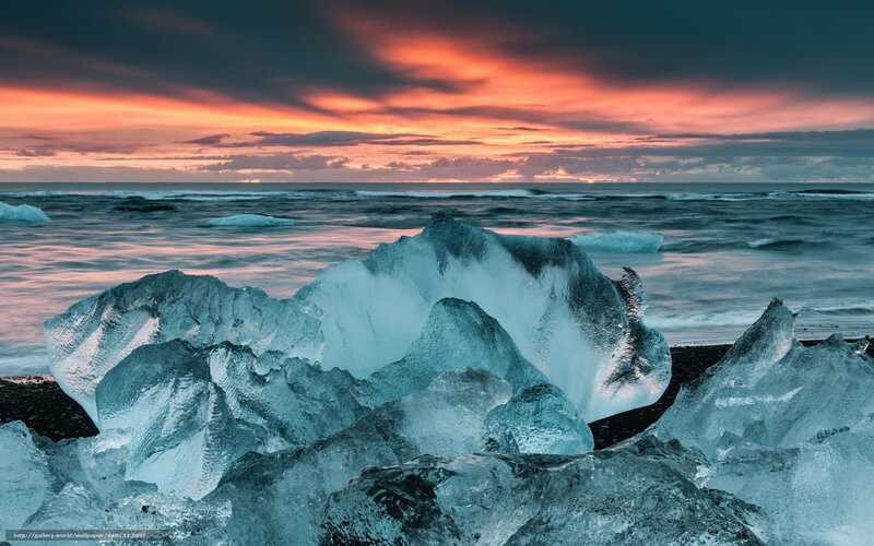 Ice Chunks on Beach — Blue, Dramatic, Sunset, Photograph, Ocean, Sky