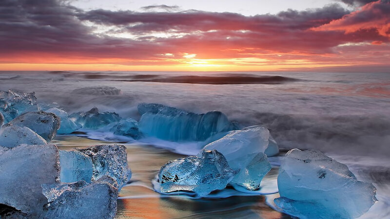 Ice Chunks on Beach — Blue, Dramatic, Sunset, Photograph, Ocean