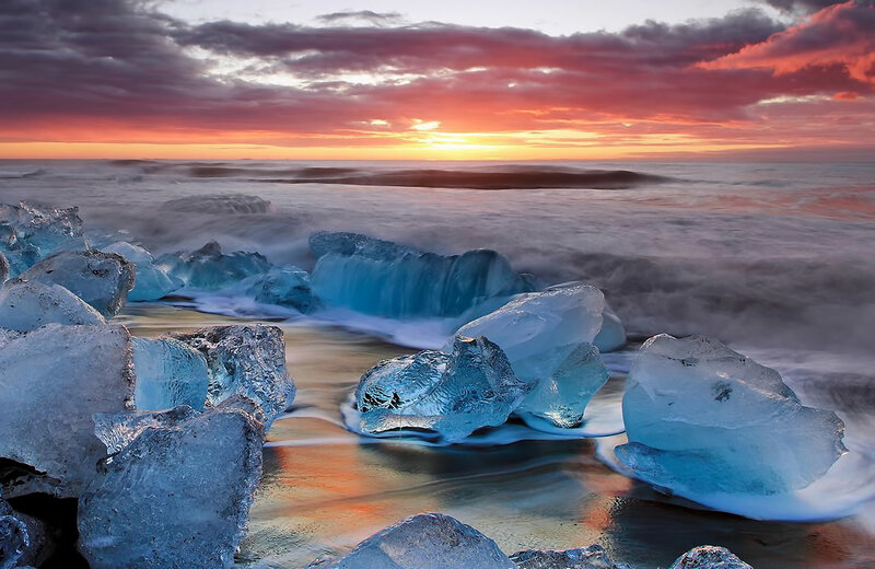 Ice Chunks on Beach — Blue, Dramatic, Sunset, Photograph