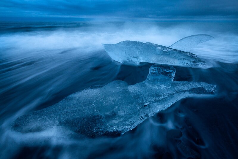 Ice Chunks on Beach — Blue, Dramatic