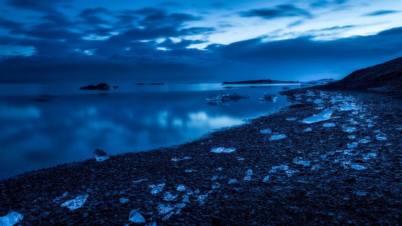 Ice Chunks on Beach — Blue, Serene