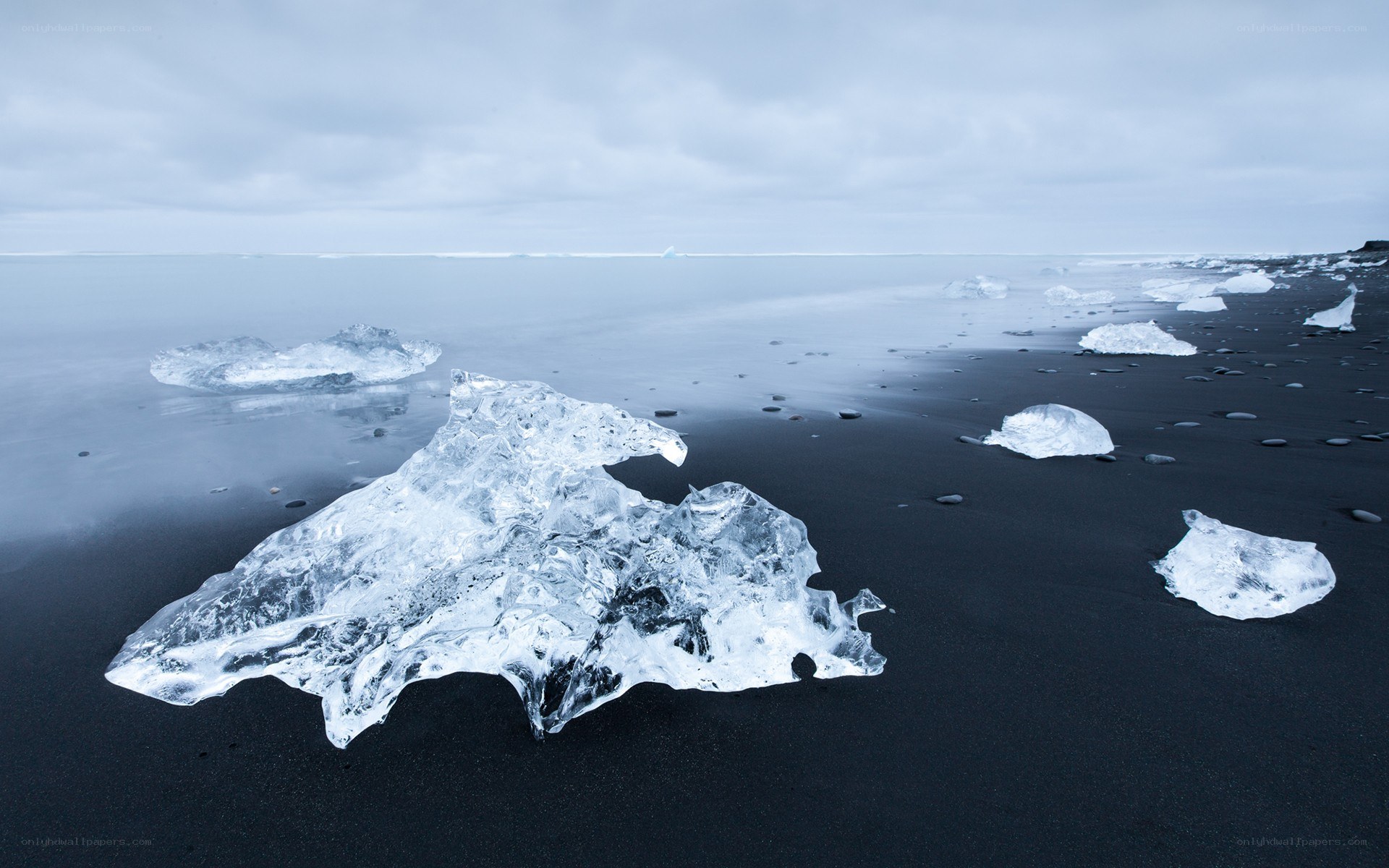 ice chunks on black sand beach