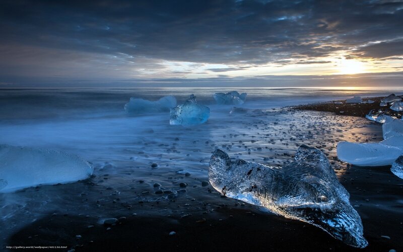 Ice Chunks on Black Sand — Blue, Dramatic, Sunset