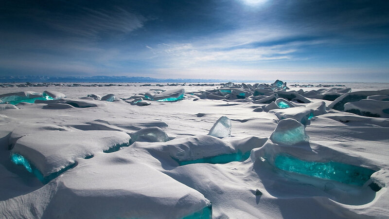 Ice Chunks on Frozen Lake — Blue, Serene