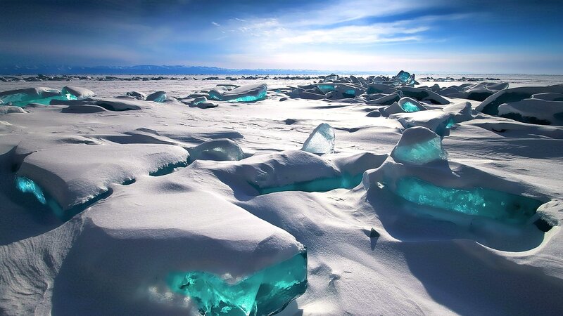 Ice Chunks on Frozen Lake — Blue, Serene, Winter, Photograph