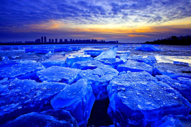 Ice Chunks on Frozen River