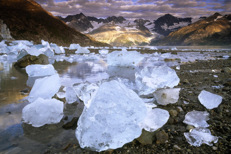 Ice Chunks on Shore — Blue, Dramatic, Sunset, Photograph