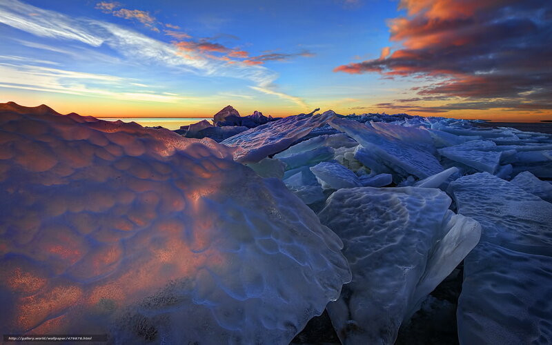 Ice Chunks on Shore — Blue, Dramatic, Sunset