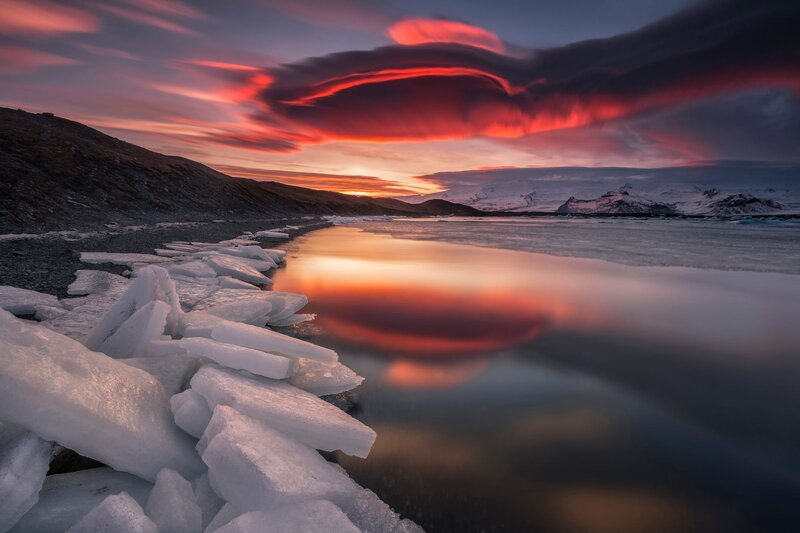 Ice Chunks on Shore — Red, Dramatic, Sunset, Photograph