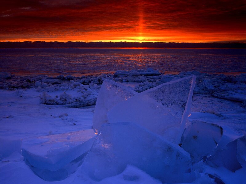 Ice Chunks on Shore — Red, Dramatic