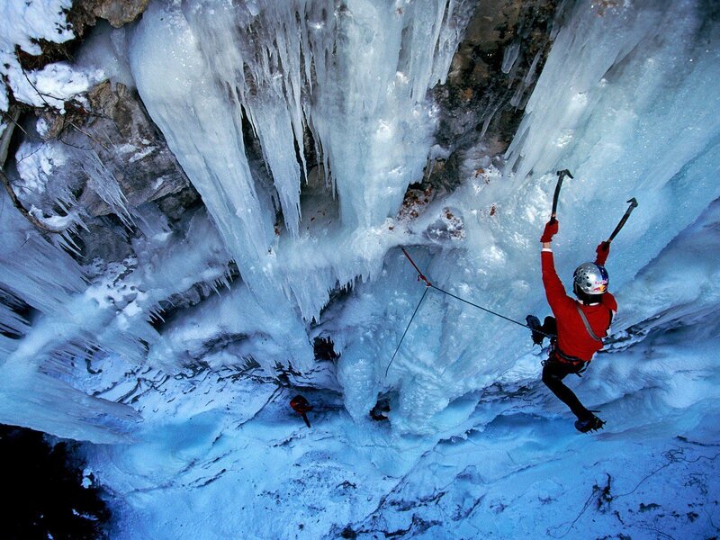 Ice Climber on Frozen Waterfall — Blue, Dramatic, Winter