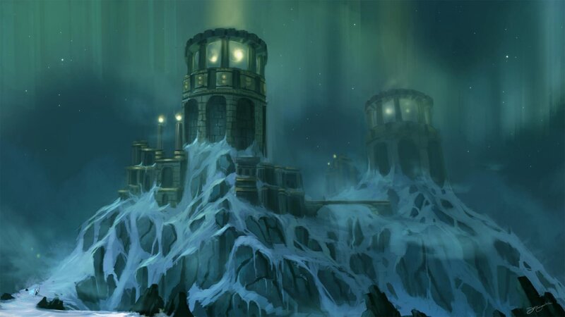 ice-covered castle under aurora