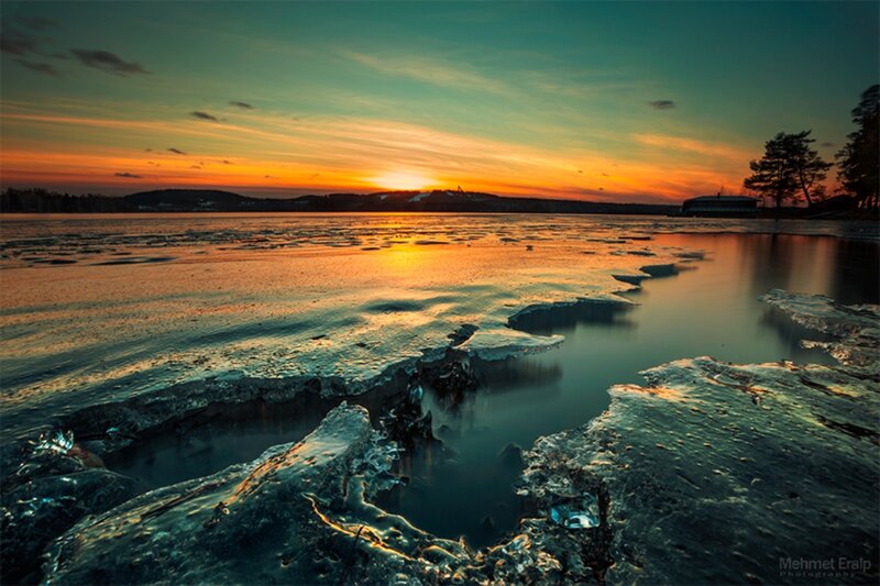 Ice-covered Lake at Sunset — Orange, Dramatic