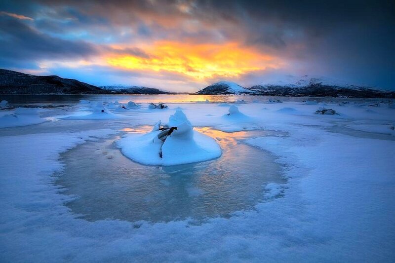 Ice-covered Lake at Sunset