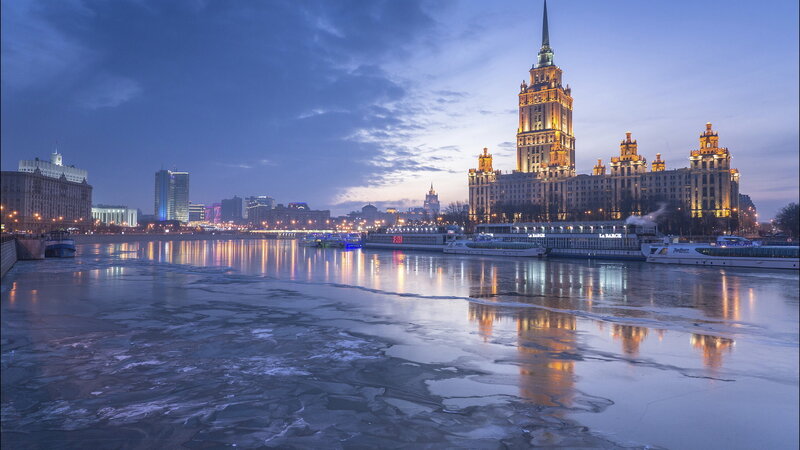 Ice-covered River at Dusk — Blue, Serene