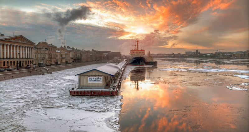 Ice-covered River at Sunset — Orange, Dramatic