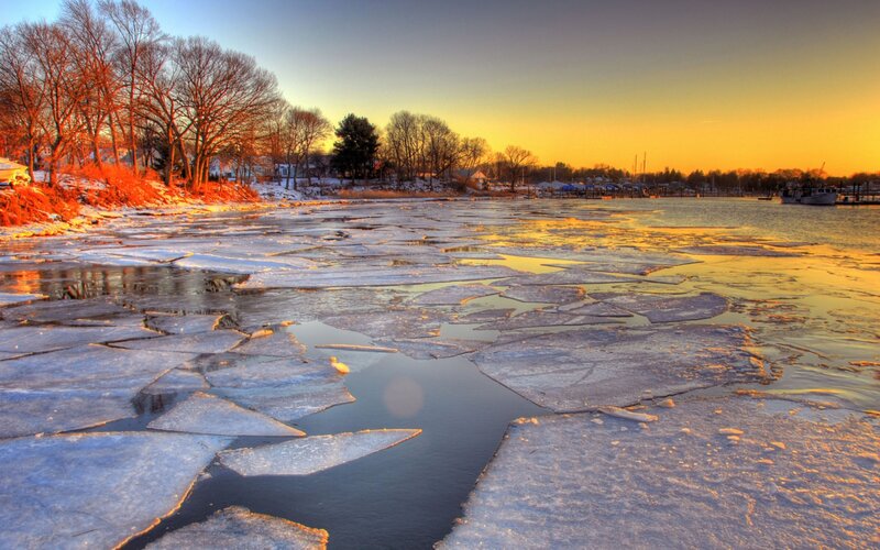 Ice-covered River at Sunset — Yellow