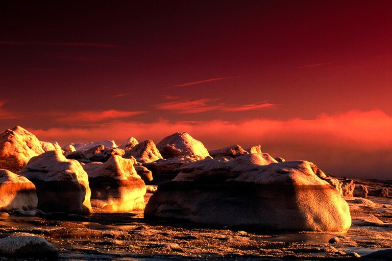 Ice-covered Rocks at Sunset — Red