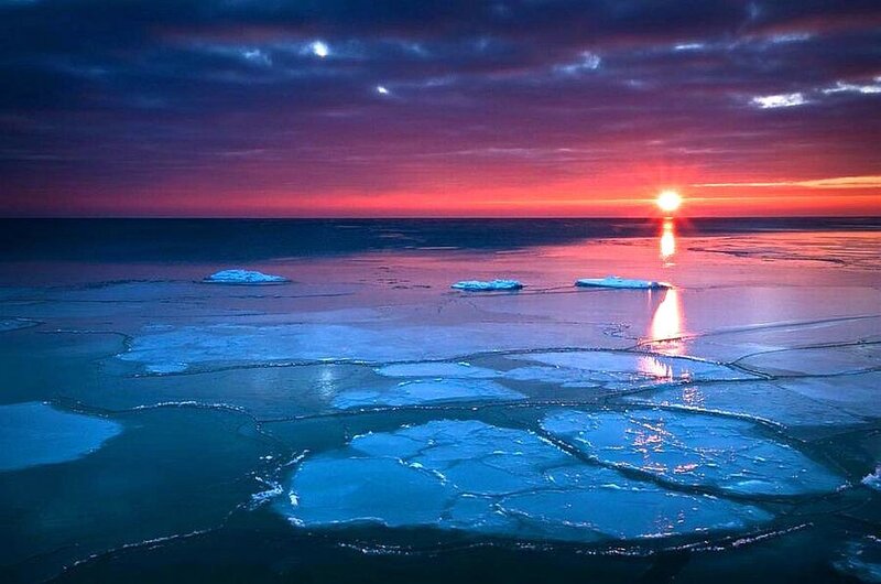 Ice-covered Sea at Sunset — Blue