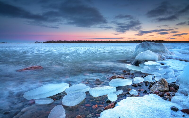 Ice-covered Shoreline — Blue, Dramatic, Sunset