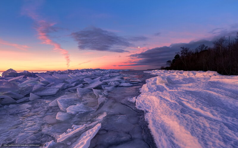 Ice-covered Shoreline — Blue, Serene, Sunset