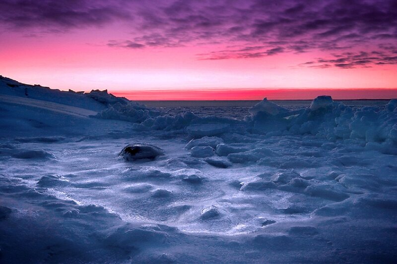 Ice-covered Shoreline — Purple, Dramatic, Sunset
