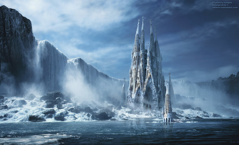 Ice-covered temple by waterfall