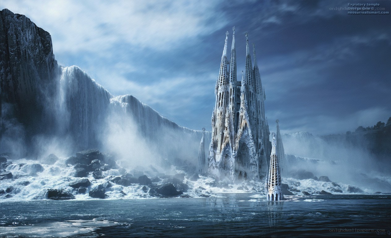 Ice-covered temple by waterfall
